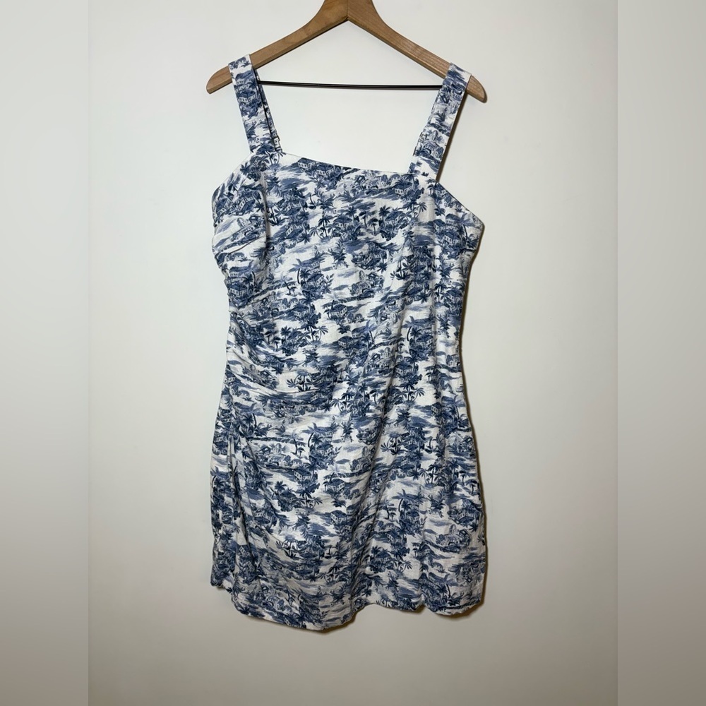 NWT Abercrombie And Fitch Ruched Mini Dress Blue White Beach Sz L Linen